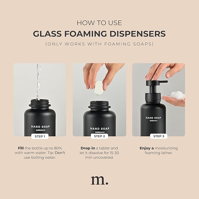 MaisoNovo Glass Foaming Soap Dispenser 14 Oz | Glass Bottles Pumps x 2 Black with Tray