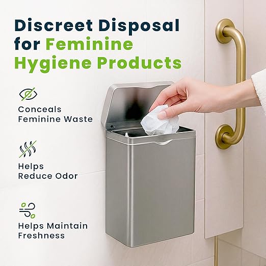 Alpine Sanitary Napkin Receptacle – Wall Mounted Tampon Holder For Bathroom Provides Clean & Odor-Free Restroom for Home, Office & Public Restrooms (Stainless steel)