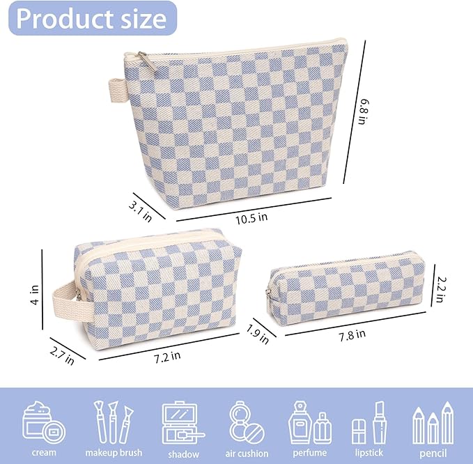 Beayuva 3 Pcs Canvas Makeup Bag Set Checkered Cosmetic Pouch for Women Travel Toiletry Bag Cute Makeup Organizer Purse Pouch Preppy Pencil Case with Zipper (Checkered Blue)