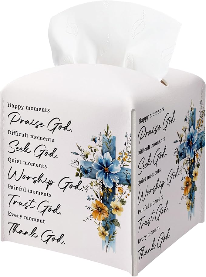Cross Easter Tissue Box Cover, PU Leather Drawstring Bottom - God Bible Verse, Wildflower Cross Decor, Thank You, Farewell, for Friends, Colleagues, Christians | Decorative Organizer