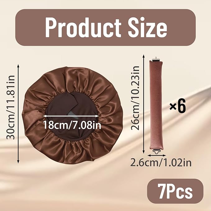 7 Pcs Jumbo Flexi Rods for Big Curls, Non Heat Hair Curlers for Overnight Curls, Blow Out Rods with Sleep Cap, Six brown non-heat curling rods and one coffee-colored sleeping cap