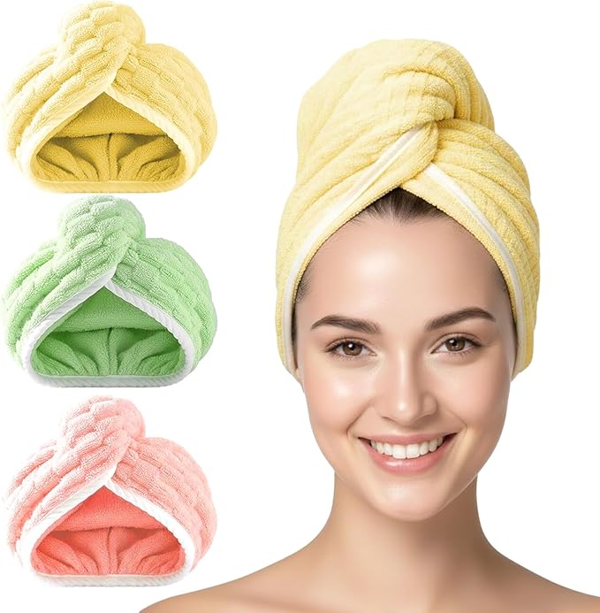 3 Pack Microfiber Hair Towel Wrap for Women, Fast Drying Hair Turban with Button, Anti-Frizz Large Hair Towel for All Hair Styles, Soft & Absorbent Hair Drying Towel