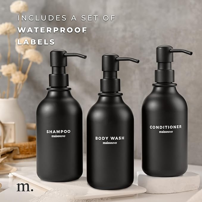 Shampoo and Conditioner Bottles Set of 3 Black – Shower Shampoo Dispenser – Hotel Style Bathroom Upgrade by MaisoNovo