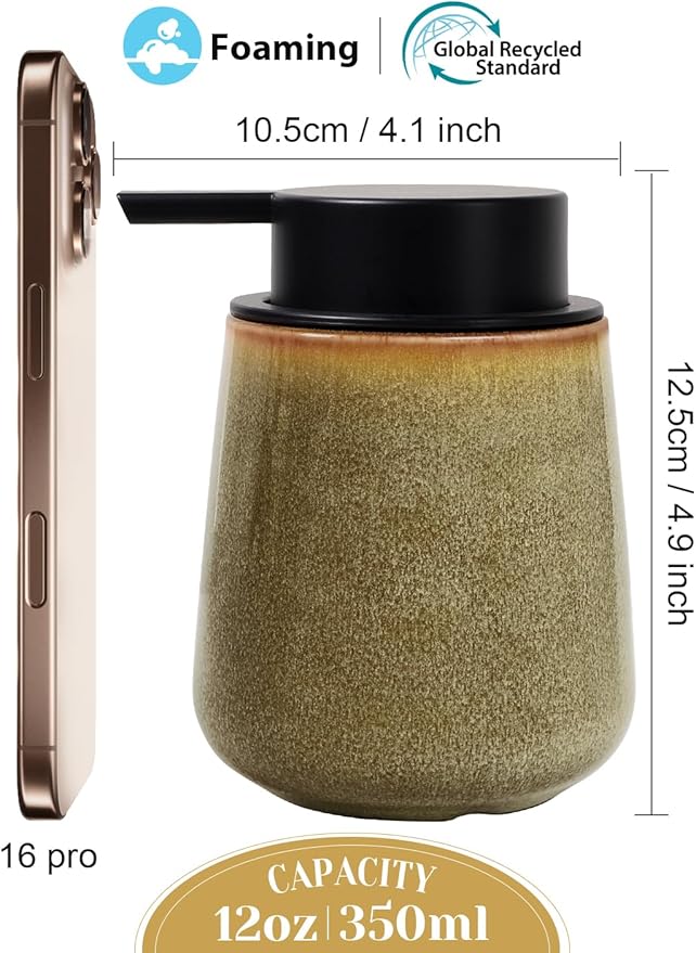 INGOFIN Ceramic Foaming Soap Dispenser - 12 oz Refillable Foam Hand Soap Dispenser Bathroom, Modern Dish Dispenser Pump for Kitchen,Kiln-Glazed Earthy Yellow-Brown