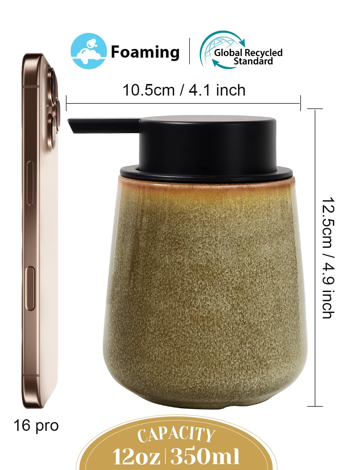 INGOFIN Ceramic Foaming Soap Dispenser - 12 oz Refillable Foam Hand Soap Dispenser Bathroom, Modern Dish Dispenser Pump for Kitchen,Kiln-Glazed Earthy Yellow-Brown