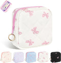 Playexen Period Bag for Teen Girls, Quilted Sanitary Napkin Storage Bag, Cute Bow Tie Menstrual Pad Pouch Tampon Holder (White)