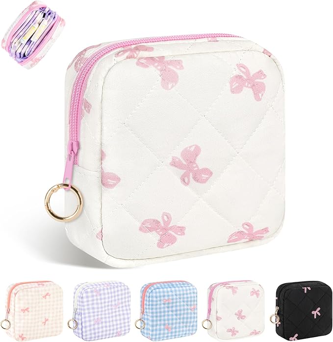 Playexen Period Bag for Teen Girls, Quilted Sanitary Napkin Storage Bag, Cute Bow Tie Menstrual Pad Pouch Tampon Holder (White)