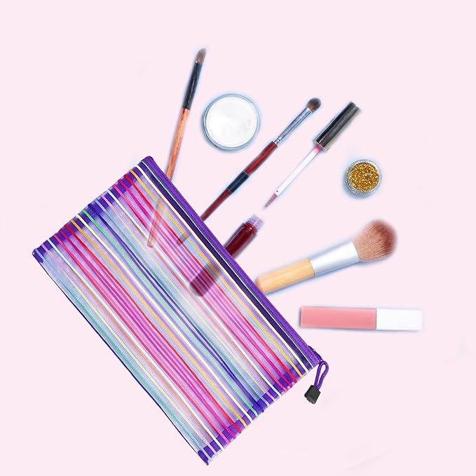 CarryEpic Mesh Bags with Zipper (6 Pack), Nylon Makeup Bag Cosmetic Pouches Travel Organizer Case for Purse Diaper Bag Home Organizing Striped Multi Size Purple