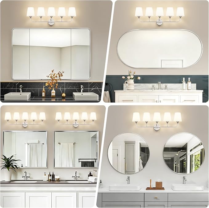 Bathroom Vanity Light, Brushed Nickel Bathroom Light Fixtures, 5-Light Lighting Fixtures Over Mirror, Modern Wall Sconce with Flared White Fabric Shade, E26 Socket(ETL Listed)