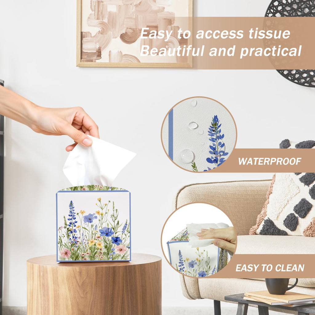 Wildflowers Tissue Box Cover Square with Bottom Belt, Floral Leather Waterproof Tissue Holder Facial Paper Case for Tabletop Home Office Bathroom Car Decor -07
