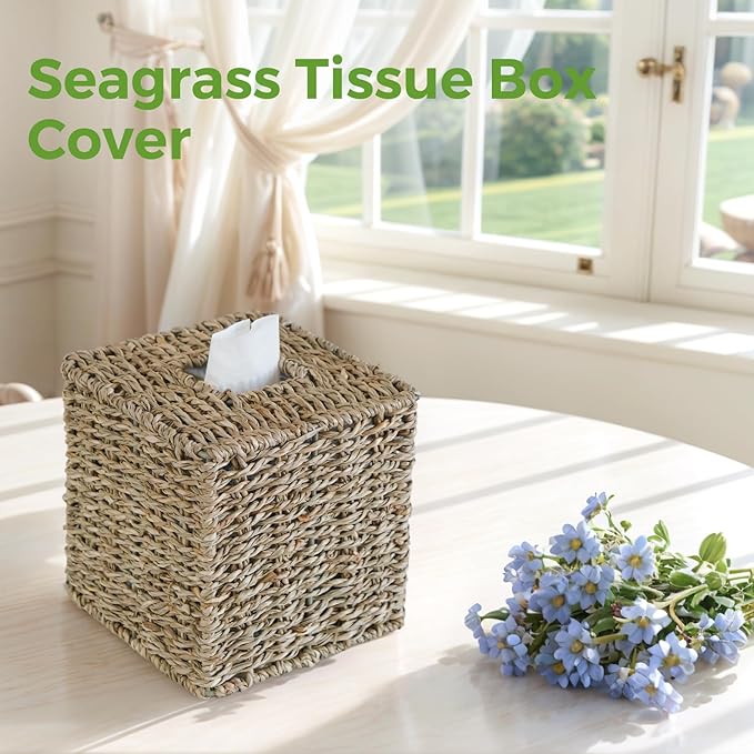 Seagrass Tissue Box Cover, Wicker Tissue Box Holder Square, Hand Woven Cube Tissue Box Cover Tissue Holder for Bathroom Living Room Kitchen Office, Natural