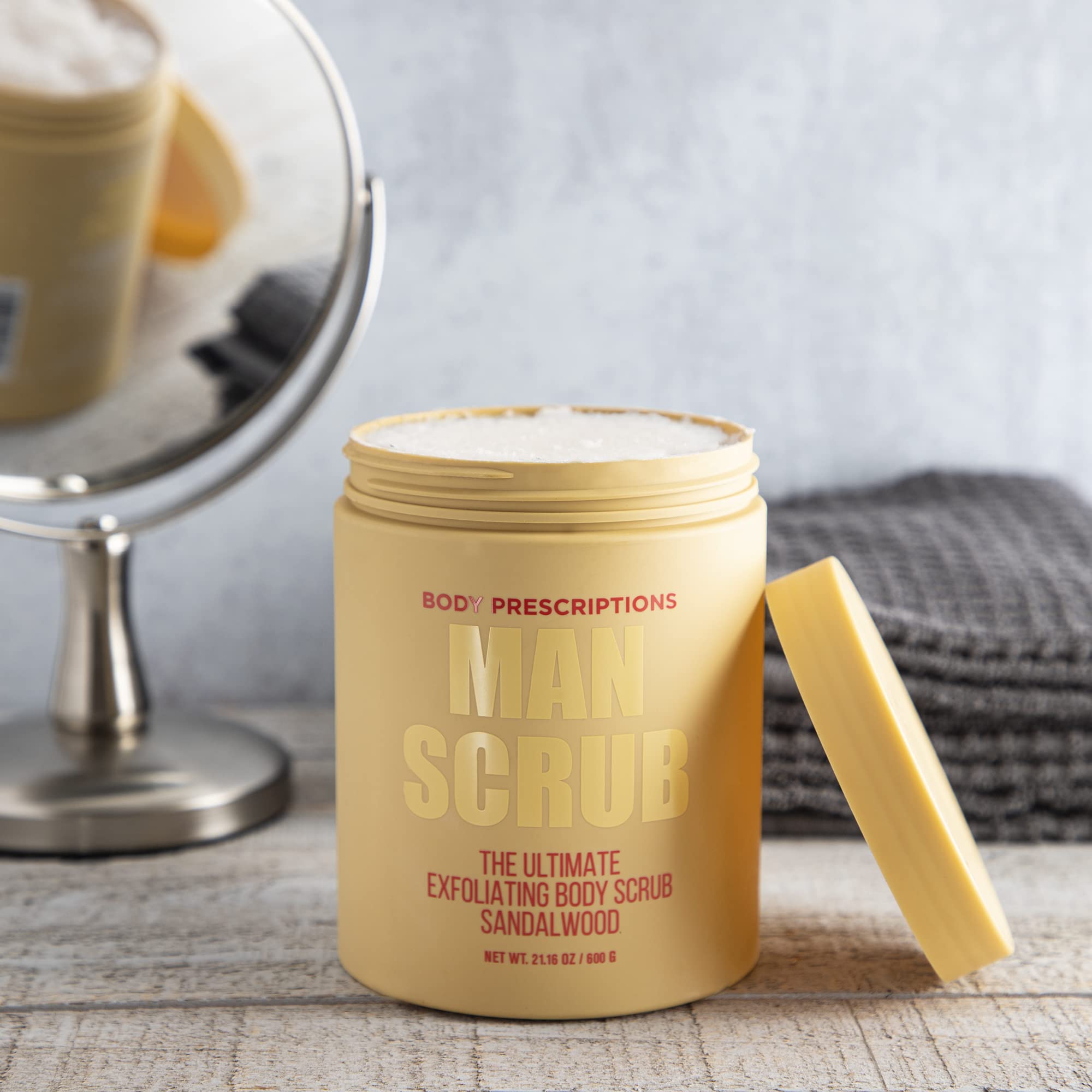 Body Prescriptions Men’s Exfoliating Body Scrub – Ultimate Skin Cleansing Wash in Jar with Twist-Top Lid, For All Skin Types, 21 Ounce (Pack of 1), Sandalwood