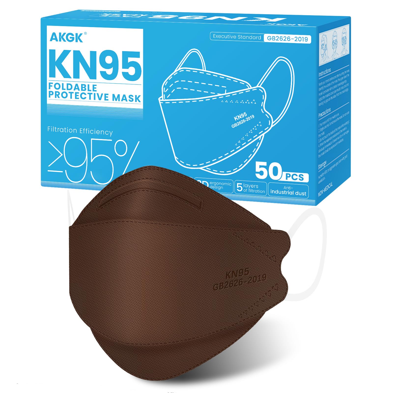 akgk KN95 Face Masks 50 Pack, 5-Ply Disposable Brown Face Mask Against PM 2.5 Smoke and Dust