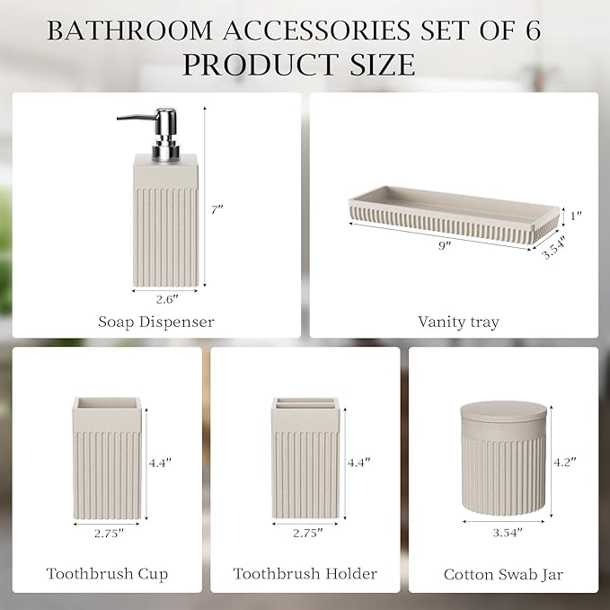 InnJoey 6-Piece Beige Bathroom Set - Sleek Resin Bathroom Accessories Set with Soap Dispenser, Toothbrush Holder, Vanity Tray, Tumbler & Apothecary Jars for Small Spaces