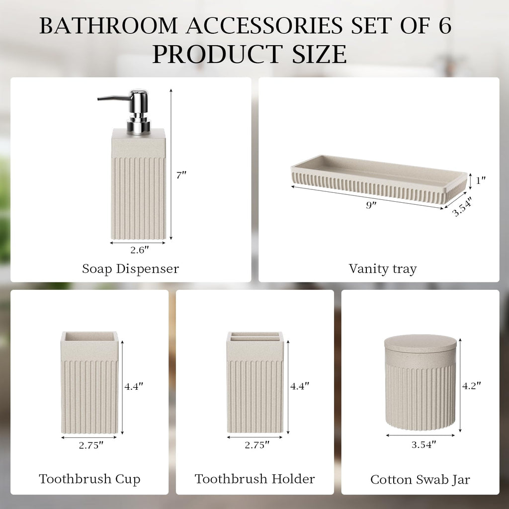 InnJoey 6-Piece Beige Bathroom Set - Sleek Resin Bathroom Accessories Set with Soap Dispenser, Toothbrush Holder, Vanity Tray, Tumbler & Apothecary Jars for Small Spaces