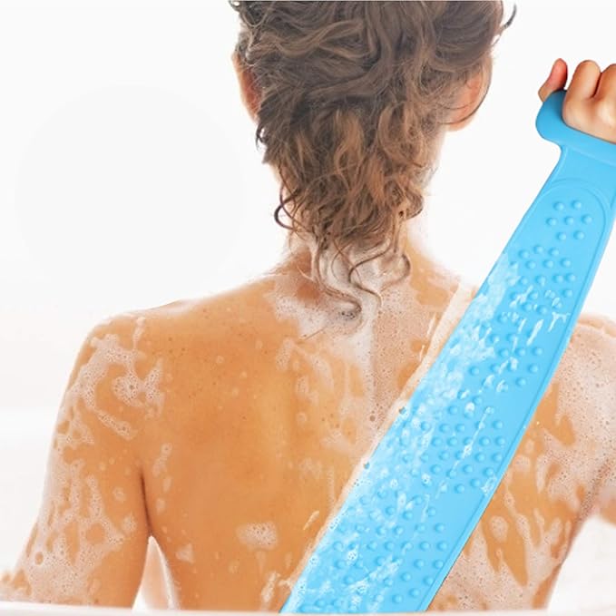 Silicone Back Scrubber Belt (28 inch) Blue – Extra Long-Double-Sided Bath Scrub Strap Gently Massages and Exfoliates Skin - Shower Back Scrubber - Back Washer for Shower Men & Women - Back Exfoliator