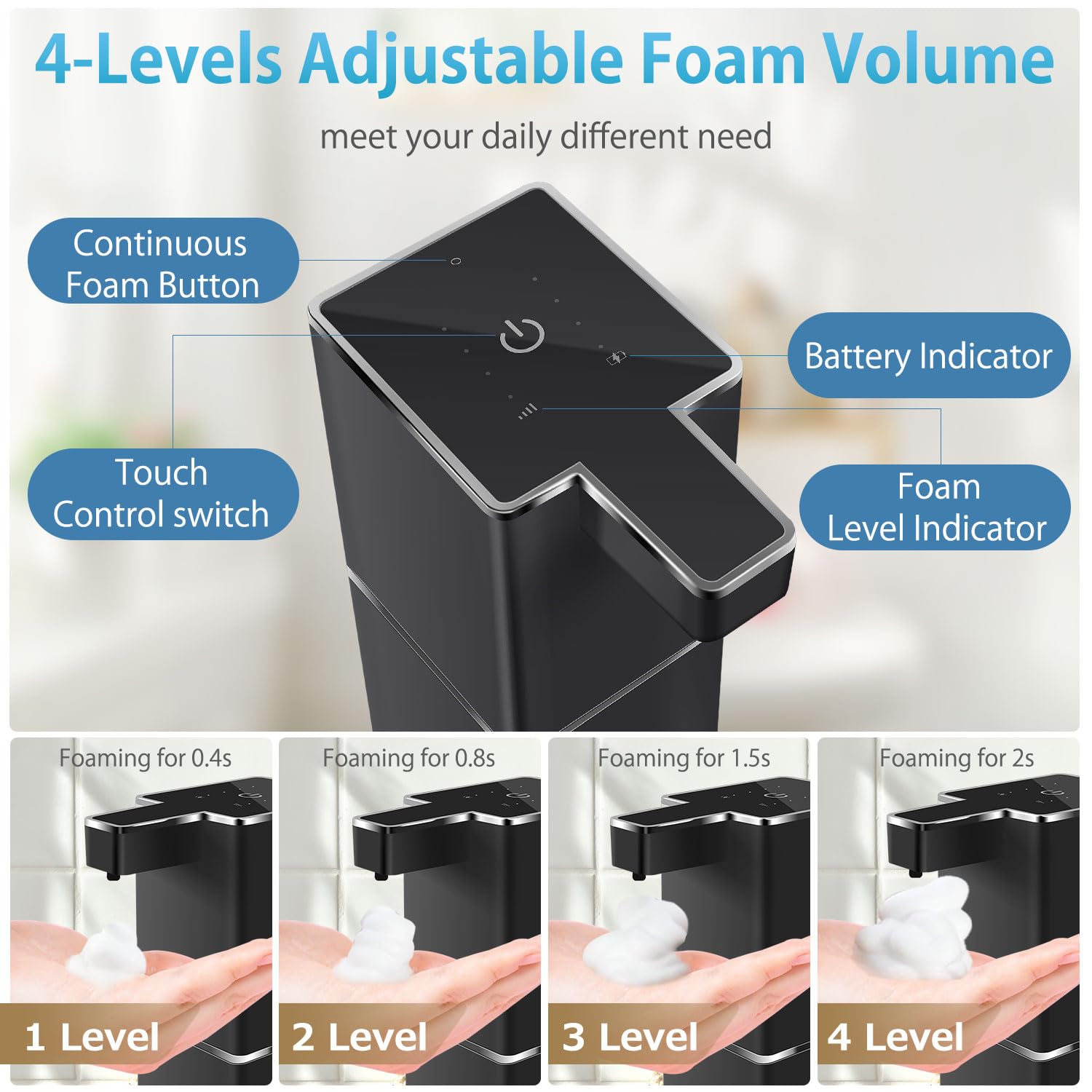 JEMISUN Automatic Foaming Soap Dispenser Touchless 380ml/12.8oz Rechargeable Hand Soap Dispenser Wall Mounted 4 Levels Adjustable Foam Soap Pump for Bathroom Kitchen Dish Soap