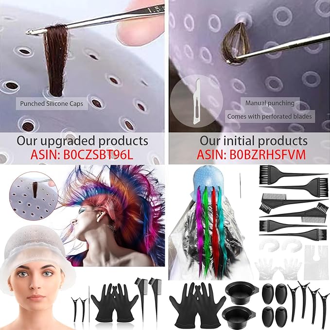 Punched Silicone Highlight Caps, 8Pcs Reusable Highlighting Caps with Holes & Hooks Salon Hairdressing Dyeing Staining Tools for Women Men Color Hair