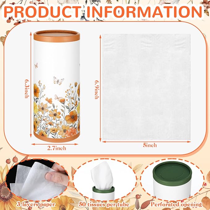 Fourluoo 12 Pack Spring Floral Tissue Boxes for Car Cylinder Bulk Wildflower Round Cylinder Holder with 3 Ply Facial Tissues for Spring Travel Bathroom Office Decoration Supplies