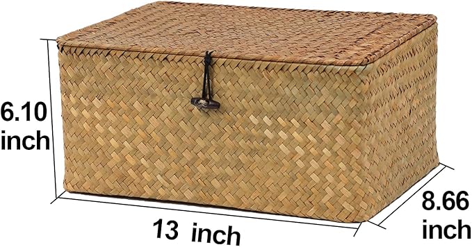 Wicker Storage Basket with Lid, Natural Seagrass Woven Shelf Basket for Storage, Rectangular Decorative Storage Bins Boxes Home Organizer Decor (Natural, Medium)