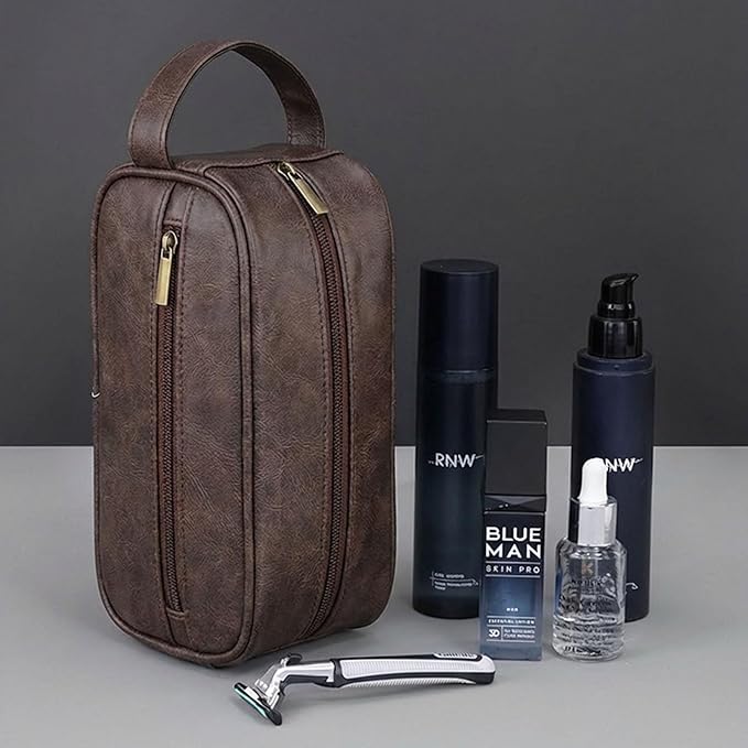 Men’s Toiletry Bag - Vintage PU Leather Kit for Travel - Water-Resistant Shaving Bag,Compact Pouch Gift for Husband, Dad (Brown)