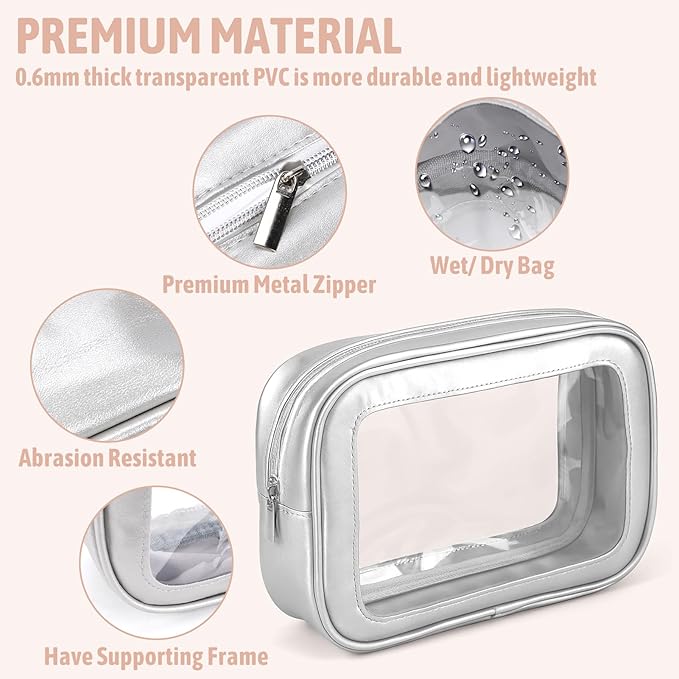 YOPCDJ 3PCS Clear Toiletry Bag,TSA Approved Travel Pouch with Zipper for Cosmetics and Toiletries，Diaper Bag Organizer Pouch Set, Purse Organizer and Clear Car Bag for Women and Kids