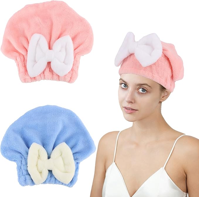 KEUKORZ 2PCS Microfiber Hair Drying Caps Hair Towel Cap Extra Soft and Ultra Absorbent Fast-Drying Hair Turban Wraps Gift for Women and Girls(Pink and Blue)
