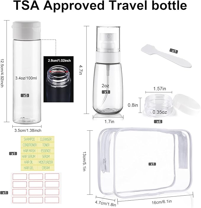Wowang Travel Bottles for Toiletries 9 PCS 3.4oz TSA Approved Travel Size Containers Leak Proof Plastic Squeeze Bottle Small Cream Jars & Refillable Spray Bottle for Shampoo Conditioner Toner(Clear)