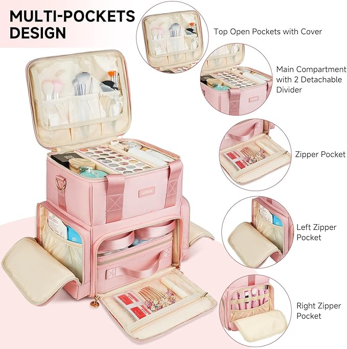 Jaffzora Extra Large Makeup Bag,4 in 1 Cosmetic Storage Organizer Travel Case with 3 Detachable Pouches and Dividers,Pink