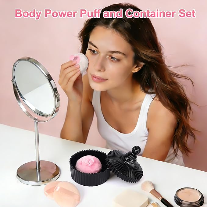 XHDMY Extra Large Body Powder Puff and Container Set Crystal Powder Container with 3 Soft Velour Power Puffs for Women Baby Face Body Washable Reusable Wet Dry Makeup Mother's Day Gifts (Black)