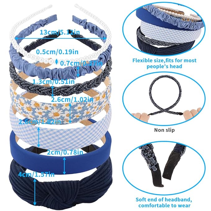 AHONEY 7 Pack Navy Blue Headbands for Girls Women Dark Blue Soccer Headbands Trendy Non Slip Hairbands Cute Hair Accessories Multi-style Preppy Headband Pack Diademas Para Mujer