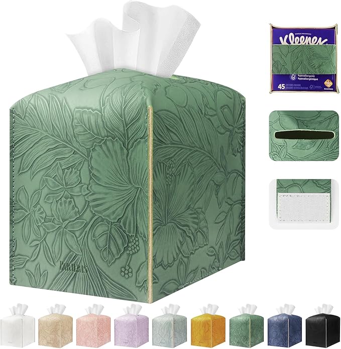 PARIERIS Tissue Box Holder Cover Square Tissue Cube Cover PU Leather Tissue Organizer with Bottom Belt for Bathroom, Tabletop, Kitchen, Night Stands, Office, Home, Car (1, VibrantGreen)
