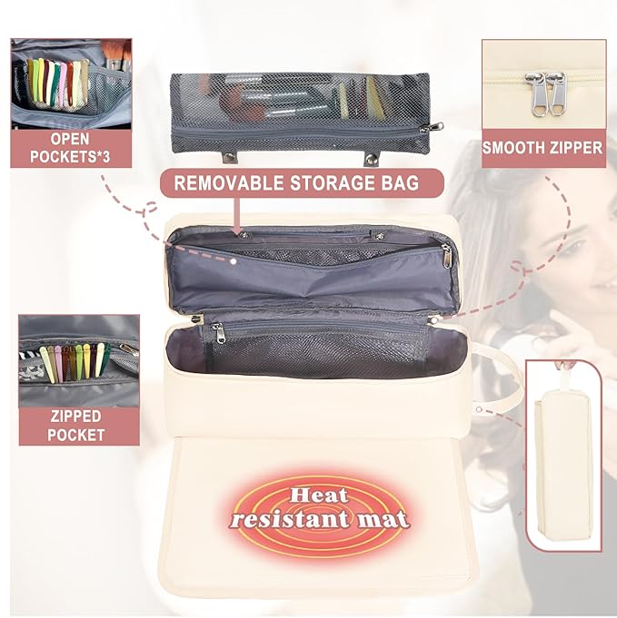 FAMOPLAY Hair Tools Travel Bag with Heat Resistant Mat Hair Styling Accessories Storage Case for Hair Dryer Flat Iron Straightener Curling Iron Haircare Accessories Travel Essentials for Women