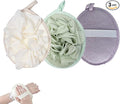 3 Pcs Bath Shower Loofah Sponge Pouf Body Scrubber Bath Scrunchies Body Wash Sponge (Beige,Green,Purple)