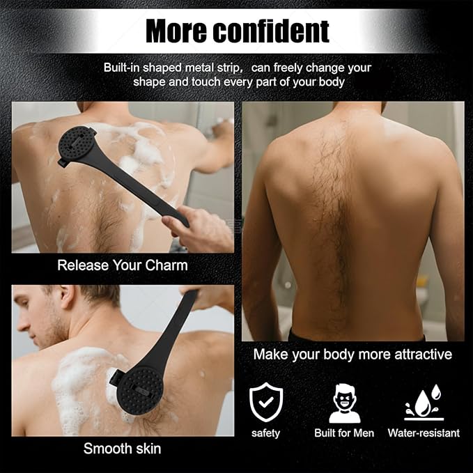Back& Body Shaver for Men,Back Hair Trimmer for Men with Long Bendable Ergonomic Silicone Handle,10 of The Wet or Dry Disposable Razor Blades,Bath Brush Included(Black)