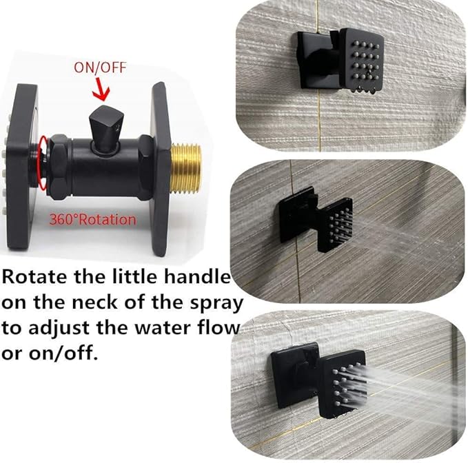 Solid Brass Shower Body Spray with On Off Switch Massage Square Body Jets Wall Mount, Rotating Matte Black Body Sprayers NPT 1/2” Female, Flow Can Be Controlled