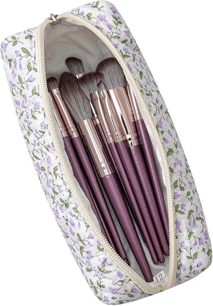 WHHJM Cute Floral Makeup Brush Bag Small Cotton Quilted Cosmetic Bag for Women Travel Toiletry Zipper Make Up Pouch (Purple Floral)
