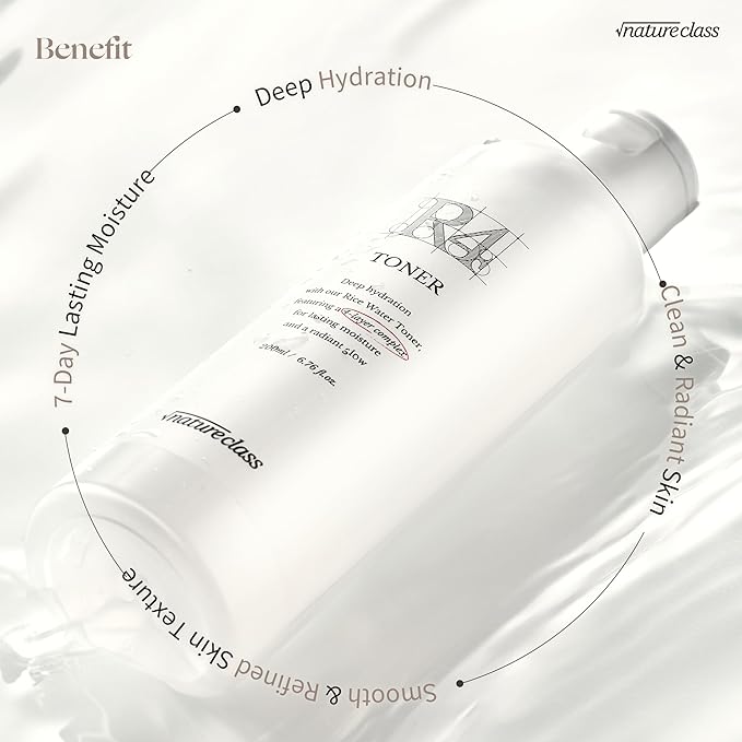 NATURECLASS R4 Hydrating Rice Toner – Glass Skin, Toner for Face, Deep Moisturizing, Rice Water, Hyaluronic Acid, Squalane, Korean Skin Care, Fragrance Free, Sensitive Skin, 6.76 fl oz