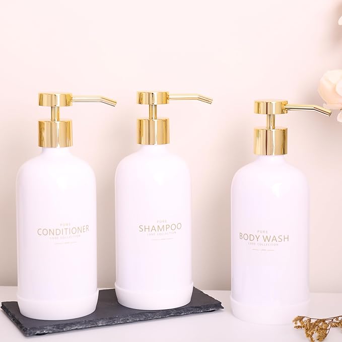 Janxin Shampoo and Conditioner Dispenser Set of 3,Refillable 20.5OZ Shampoo Bottles with Non-Slip Protective Silicone Pad,Shower Soap Dispenser with Waterproof Labels for Bathroom (White)