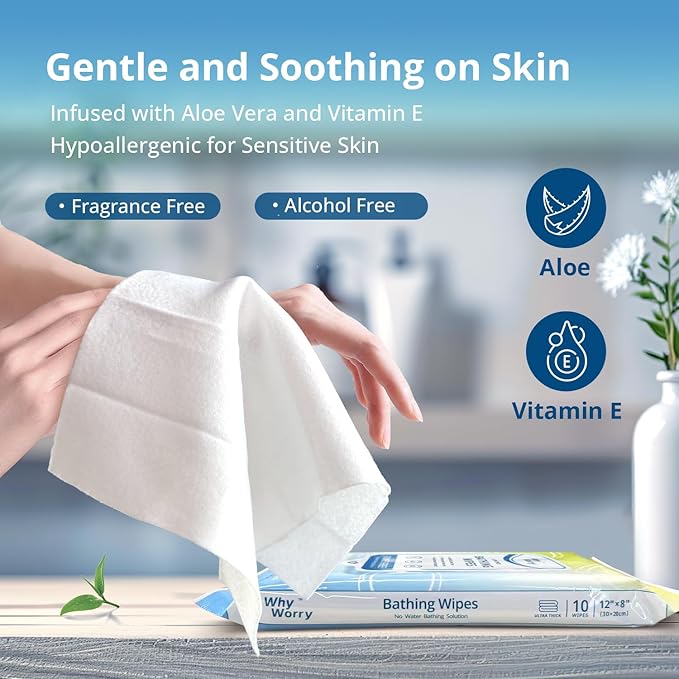 WhyWorry Bathing Wipes for Adults Rinse Free, 8" x 12" Unscented, 100 Count