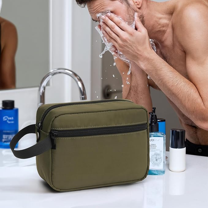 XIRYOHEAUR Travel Hanging Toiletry Bag with Carry Handle - Water-Resistant Small Cosmetic Organizer for Men & Women, Makeup, Shaving Kit, Gym & Travel Essentials (Olive Green)