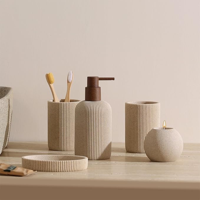 WUUAHOME Bathroom Accessories Set, 5 PCS Sandstone Look Stripe Modern Bath Organizer with Soap Dispenser, Toothbrush Holder, Tumbler, Soap Dish, Candle Holder for Countertop Kitchen Sink (Beige)