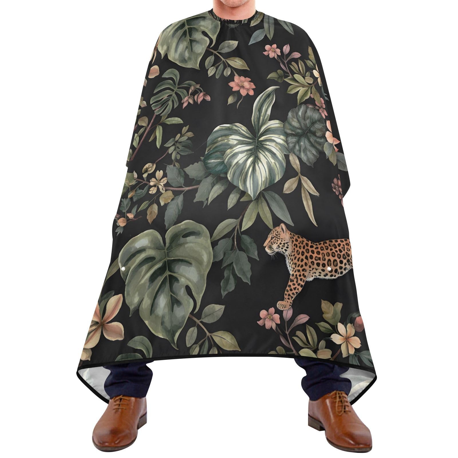 ALAZA Flower Green Leaves Butterfly Leopard Barber Cape for Men Women, Waterproof Haircut Apron Beard Shaving Bib Hair Cutting Cloth 55 x 65 Inch