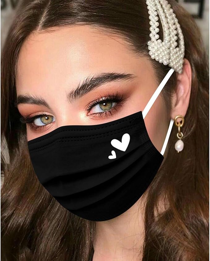 YOMEESOUL 50pcs Cute Disposable Face Masks, Pink And Black Masks with Hearts Printed, 3-Ply Full Protection for Women Teen Girls (White Hearts)
