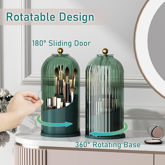 GAXmi Makeup Brush Holder with Lid Rotating Cosmetic Organizer, All Green
