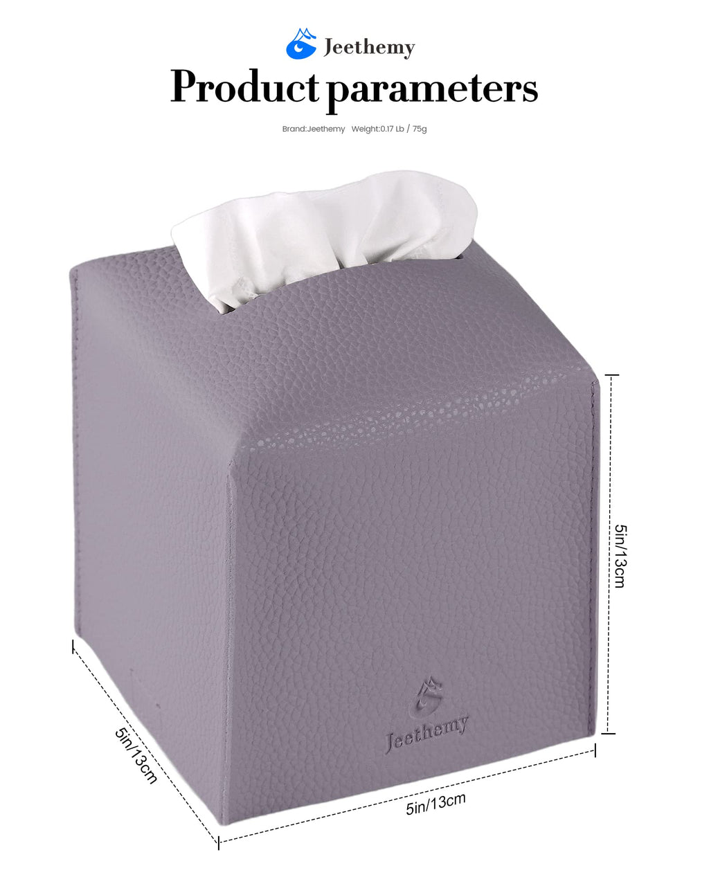 Tissue Box Cover, Jeethemy Square PU Leather Tissue Box Holder, Modern Tissue Case Facial Paper Organizer Dispenser，5X5X5'',Single Purple