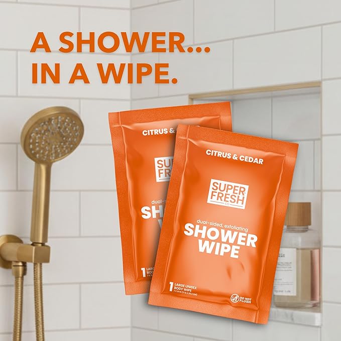 Super Fresh Shower Body Wipes, Travel Essentials for Camping, Large Citrus Wipes for Adults, Women, Men, Kids Personal Hygiene Cloth Enriched with Aloe and Vitamin E, Individually Wrapped 20 Pack