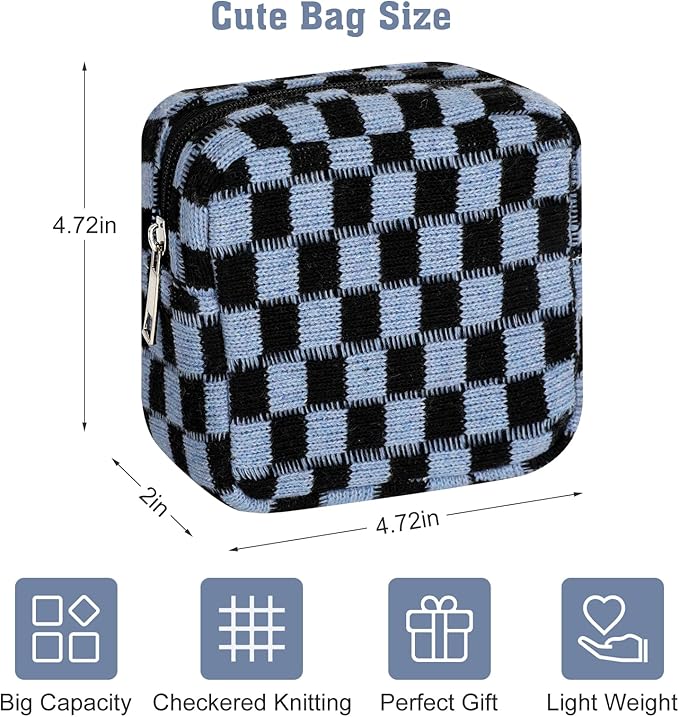 CekPo Sanitary Napkin Storage Bag, Menstrual Pad Zipper Bag Checkered Portable Period Bag Panty Liners, Tampon Storage Pouch for Women Ladies Daily Use Storage Purse Travel