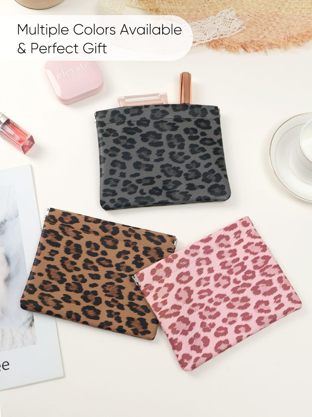 Ksriylm Leopard Leather Small Makeup Pouch for Women,Cosmetic Accessories Organizer,Waterproof and Portable Cosmetic Bag,Self-closing, No Zipper, Aesthetic Storage Pouch,Lipstick for Purse,Pink