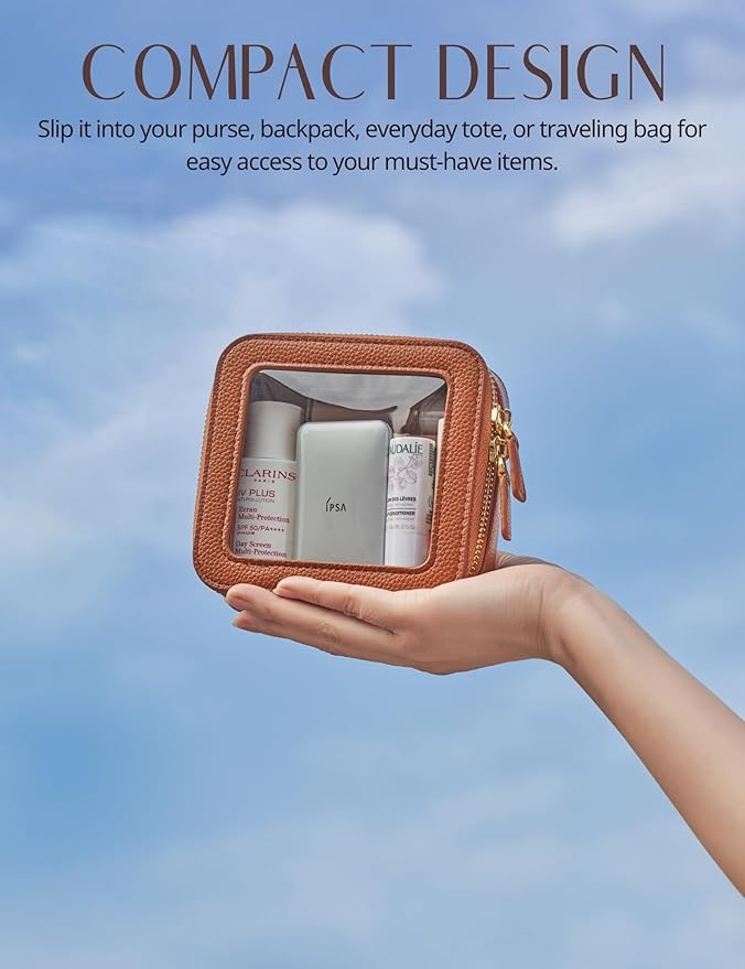 Popvibe Clear Makeup Case Toiletry Bag Travel Medium Clear Cosmetic Bag with Zipper, Make Up Bag Organizer Traveling TSA Approved Transparent Bag Car for Essentials, Mini & Medium, Brown